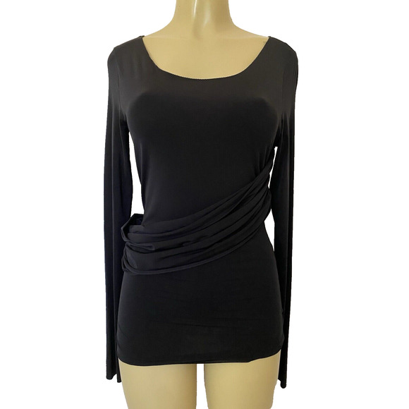 Gucci Black Top Blouse Long Sleeve Round Neck Draped Waist Stretch Fitte… - Picture 1 of 9